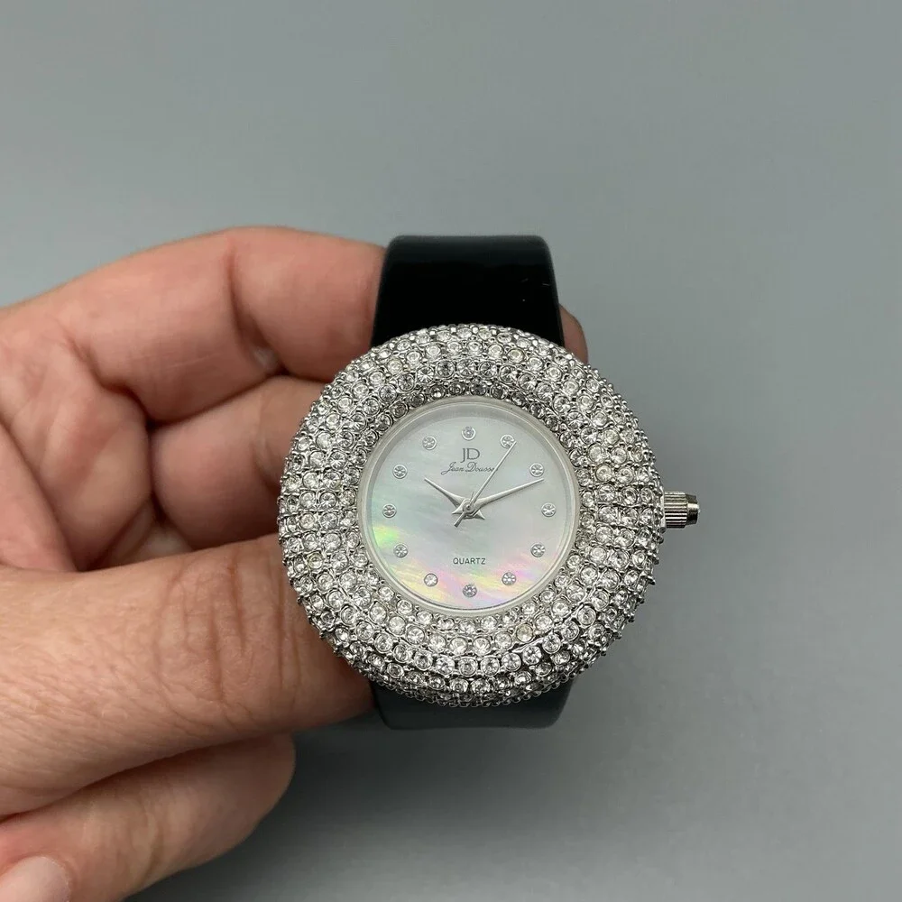 Jean Dousset Womens Watch 36mm White Dial Crystal Bezel Silver Tone New Battery
